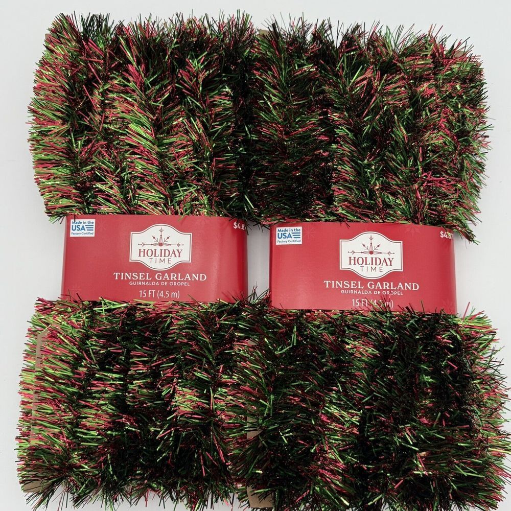 Holiday‎ Time Tinsel Garland Shiny Red/Green Mix 15 Ft each or 30 ft Total Qty 2